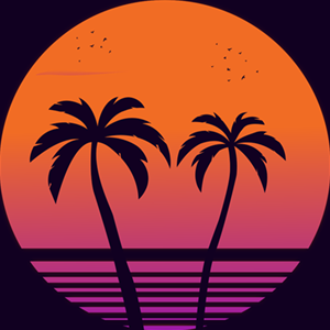 Foto eines stilisierten strandszenarios mit palmen, im stil der 1980er jahre